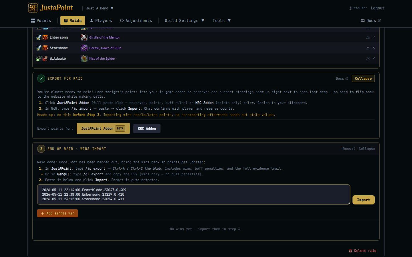 Step 3 expanded — Gargul CSV pasted, Import button ready